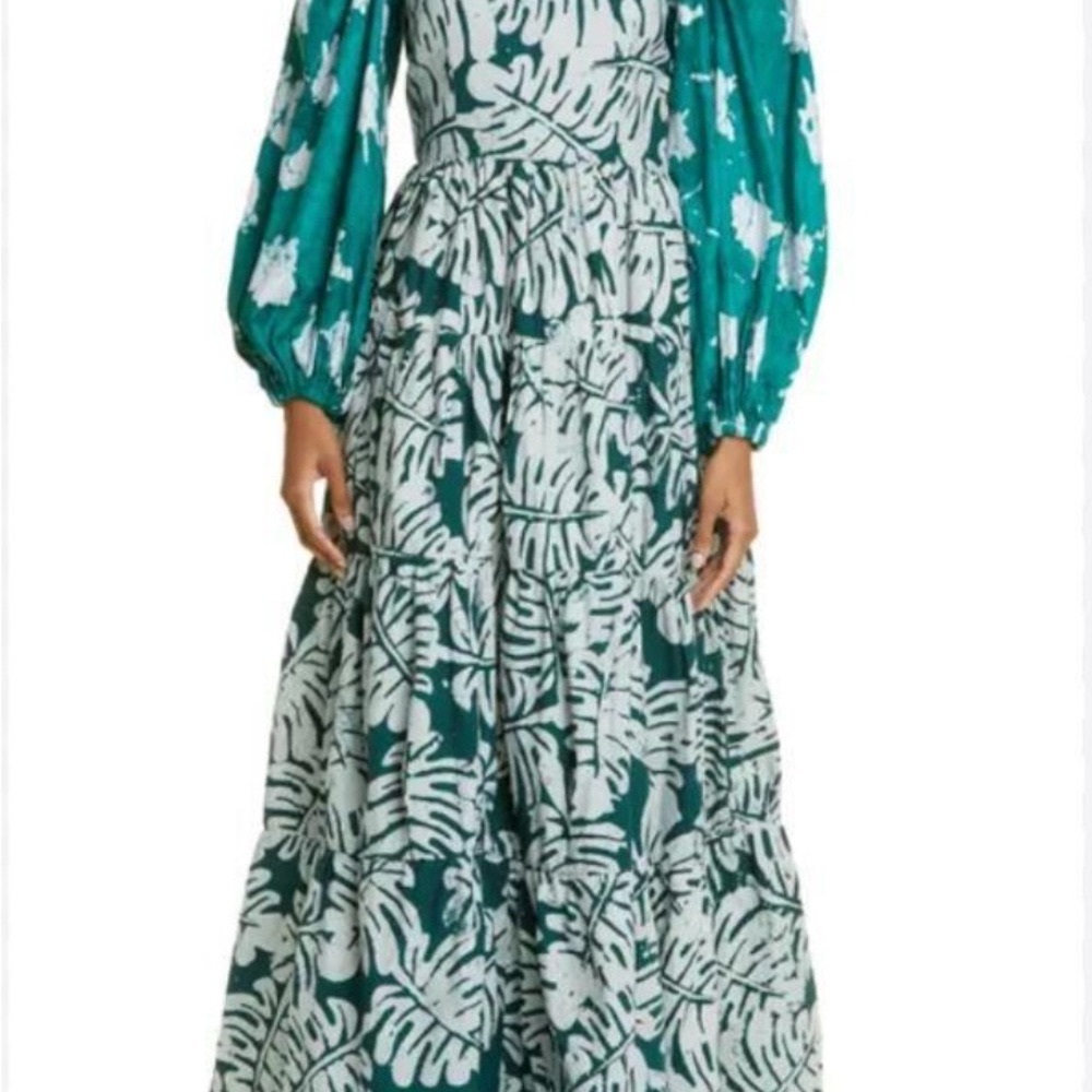 Busayo Maxi Dress Green Leaf Print Puff Sleeve